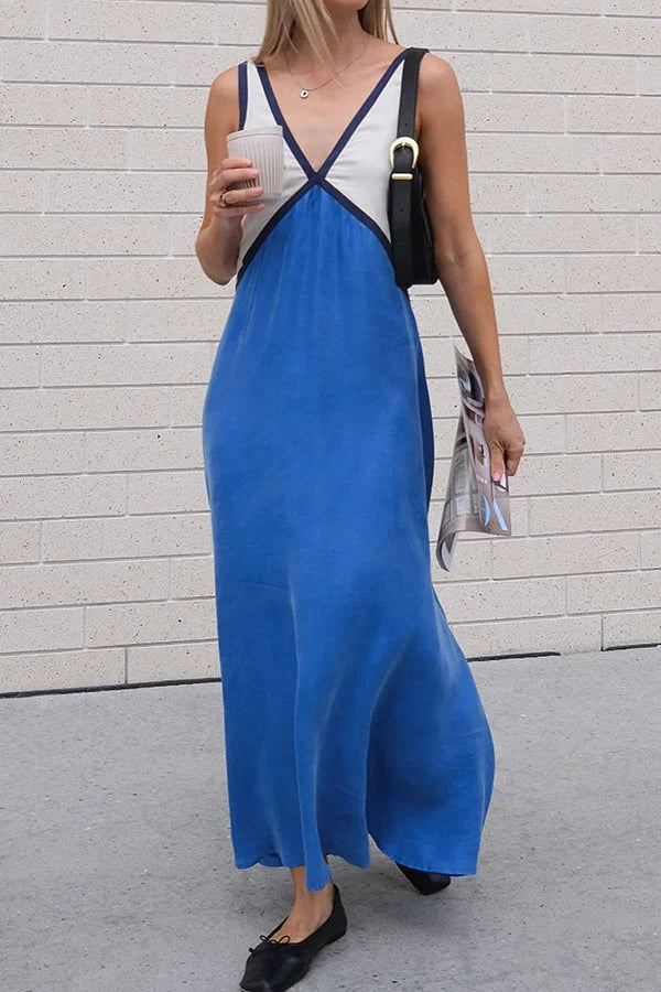 Women's Two Tone Sleeveless Casual V-Neck Maxi Dress