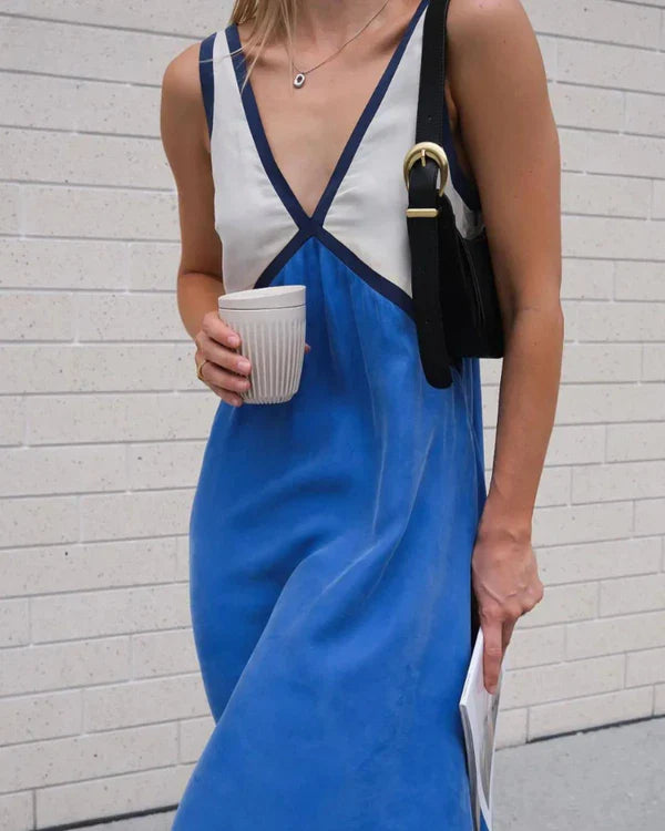 Women's Two Tone Sleeveless Casual V-Neck Maxi Dress