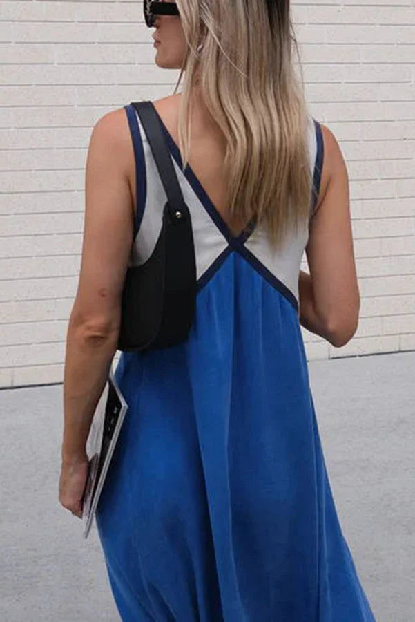 Women's Two Tone Sleeveless Casual V-Neck Maxi Dress