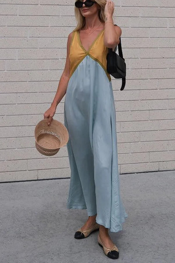 Women's Two Tone Sleeveless Casual V-Neck Maxi Dress