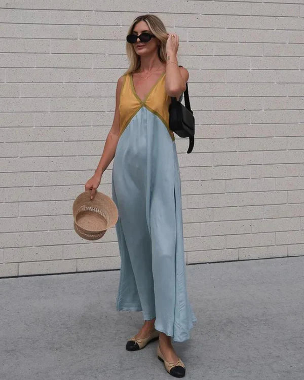 Women's Two Tone Sleeveless Casual V-Neck Maxi Dress
