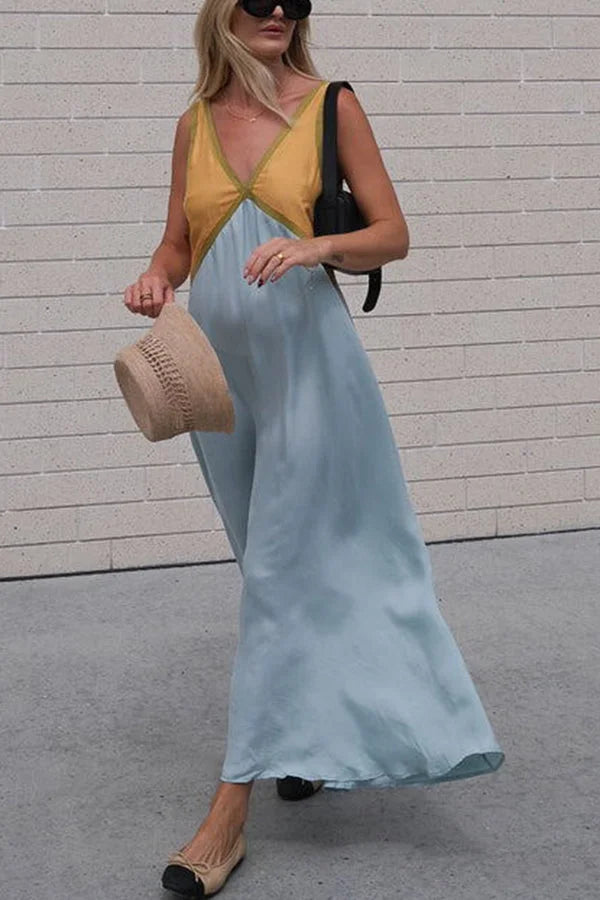 Women's Two Tone Sleeveless Casual V-Neck Maxi Dress