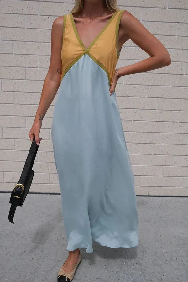Women's Two Tone Sleeveless Casual V-Neck Maxi Dress
