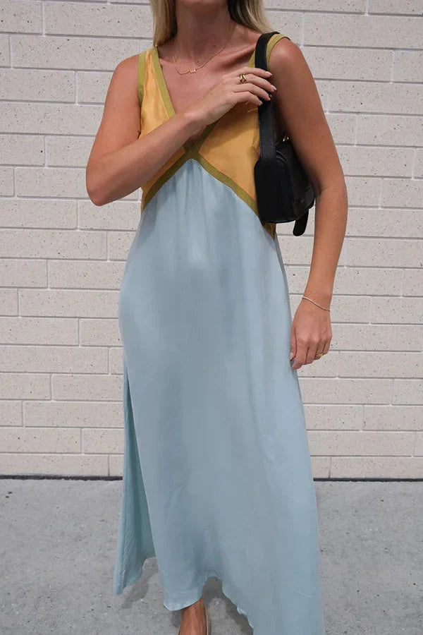 Women's Two Tone Sleeveless Casual V-Neck Maxi Dress
