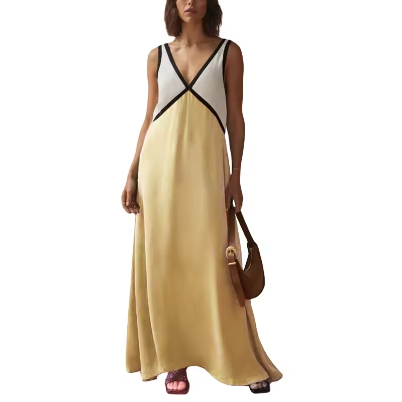 Women's Two Tone Sleeveless Casual V-Neck Maxi Dress