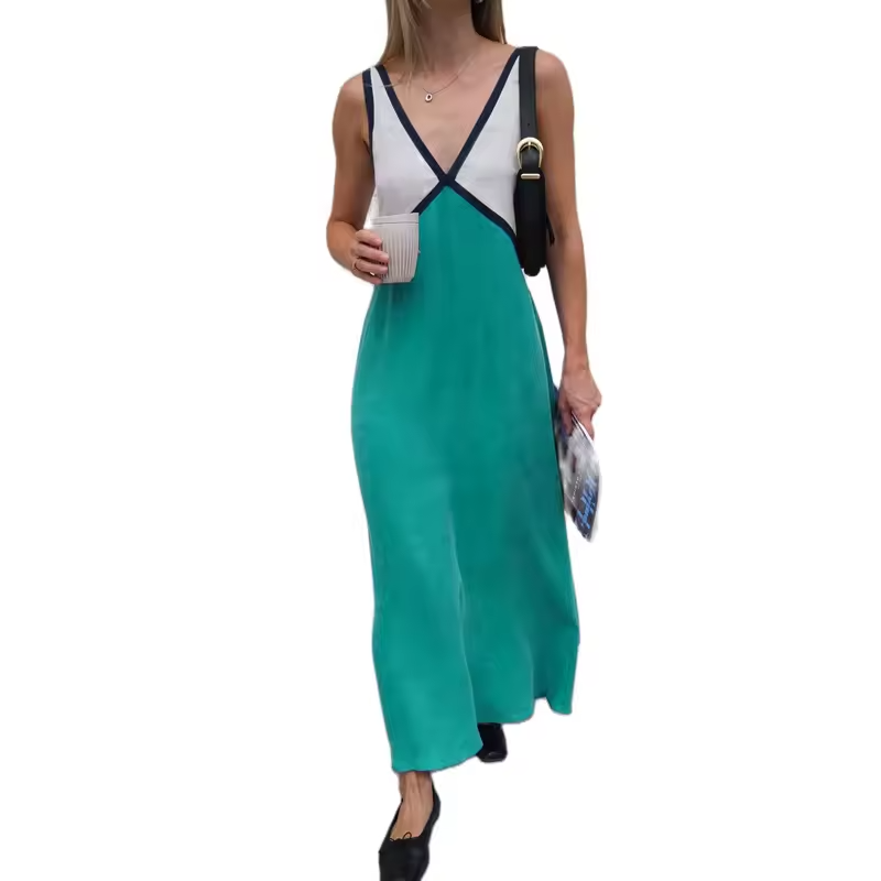 Women's Two Tone Sleeveless Casual V-Neck Maxi Dress