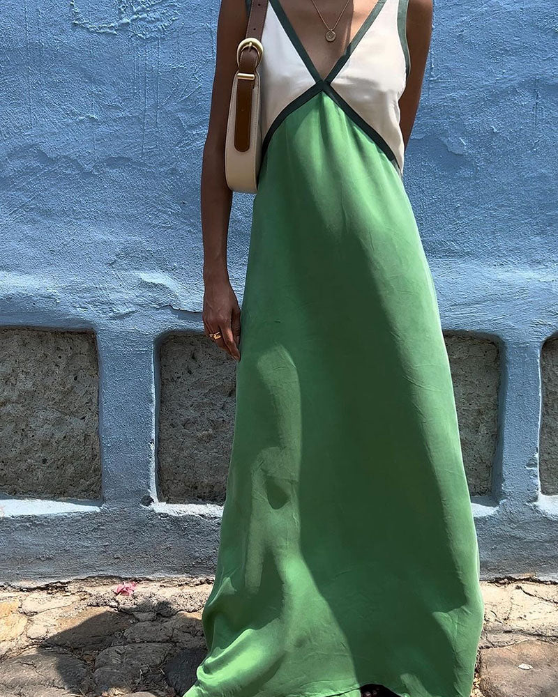 Women's Two Tone Sleeveless Casual V-Neck Maxi Dress