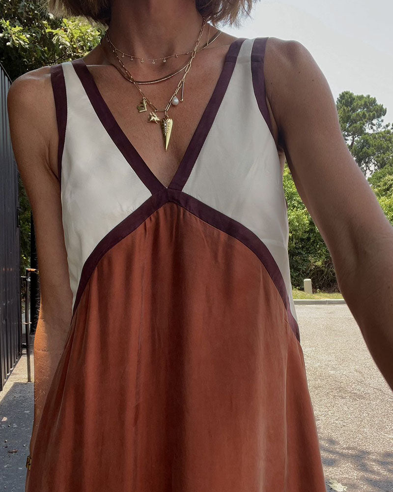 Women's Two Tone Sleeveless Casual V-Neck Maxi Dress