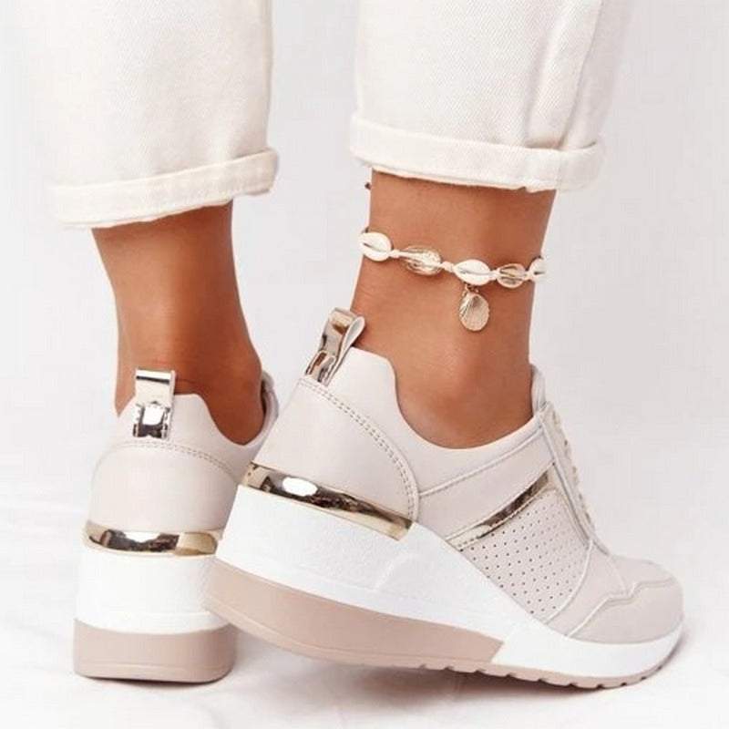 Women’s Wedge Sneakers – Lace-Up Trainers with Gold Accent