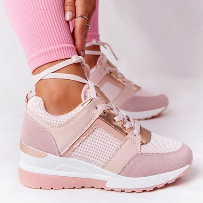 Women’s Wedge Sneakers – Lace-Up Trainers with Gold Accent