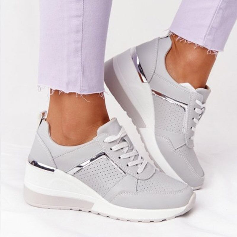 Women’s Wedge Sneakers – Lace-Up Trainers with Gold Accent
