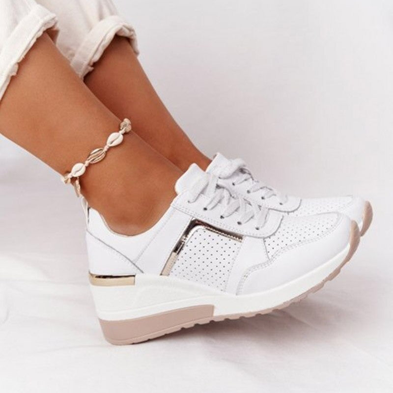 Women’s Wedge Sneakers – Lace-Up Trainers with Gold Accent