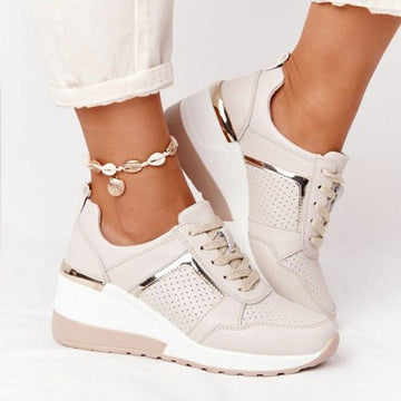 Women’s Wedge Sneakers – Lace-Up Trainers with Gold Accent