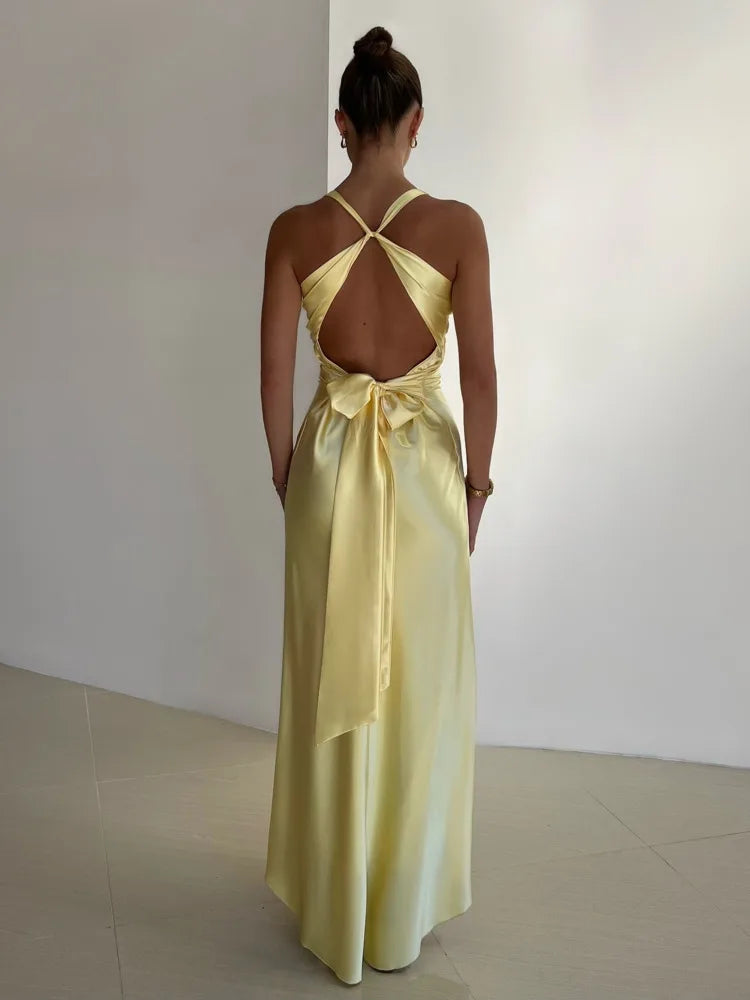 Women's Yellow Maxi Dress with Twist Front Detail – Spring, Summer