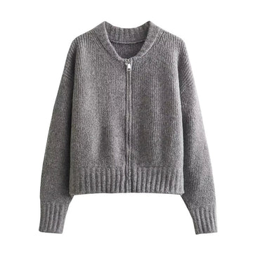 Women’s Zip-Up Knit Cardigan – Ribbed Casual Sweater