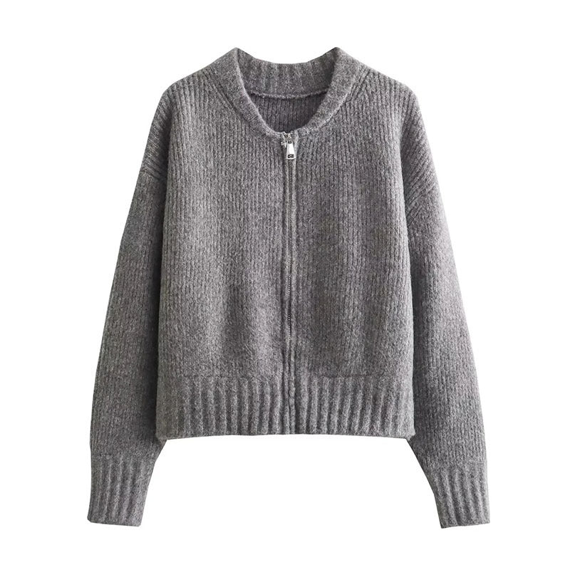 Women’s Zip-Up Knit Cardigan – Ribbed Casual Sweater