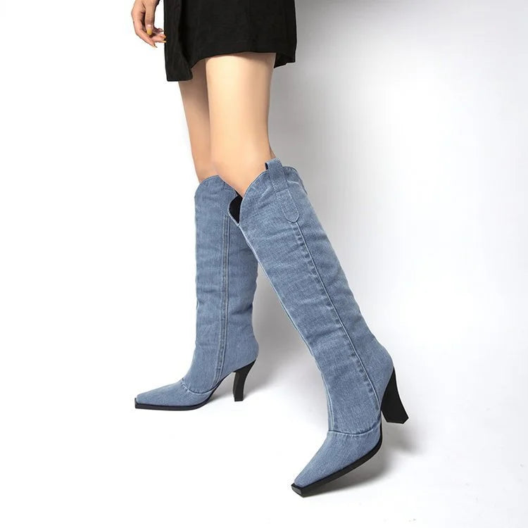 Women's Knee High Boots - Denim Upper - Block Heel - Pointed Toe