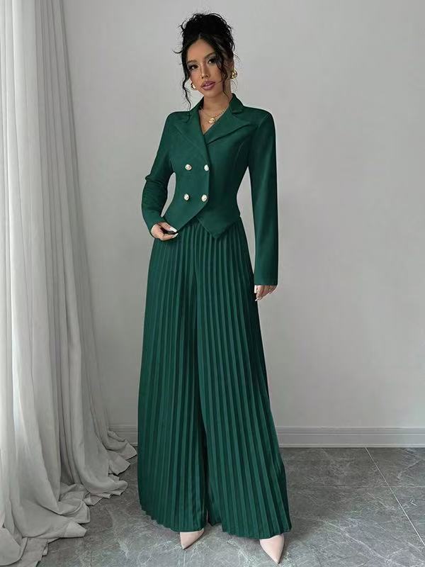 Women's Pant Suit Set - Double Breasted Blazer and Pleated Wide Leg Pants