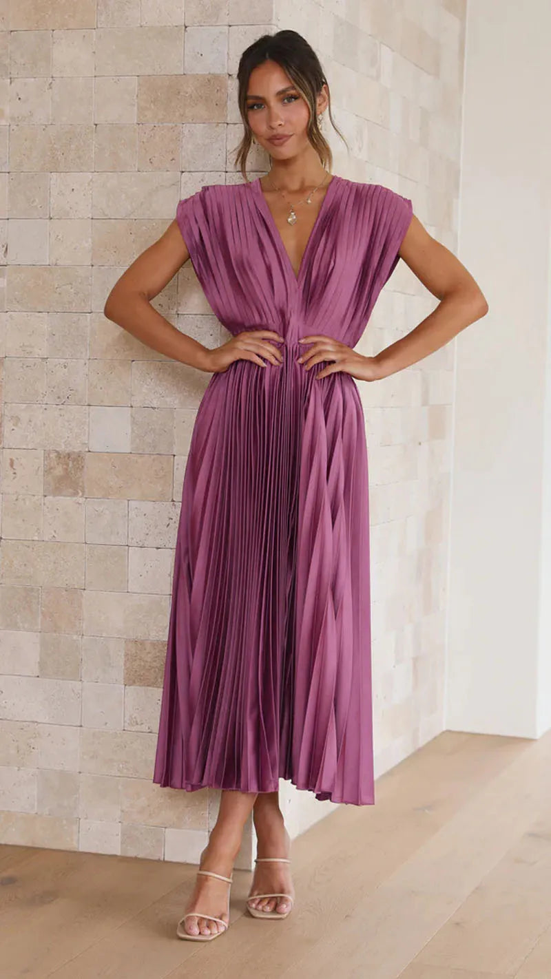 Women’s V-Neck Pleated Maxi Dress – Sleeveless Structured Waist Design