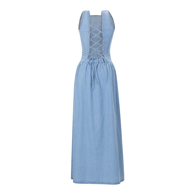 Women's Sleeveless Maxi Dress - Square Neck Lace-Up Back