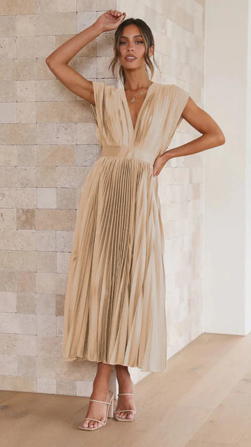 Women’s V-Neck Pleated Maxi Dress – Sleeveless Structured Waist Design