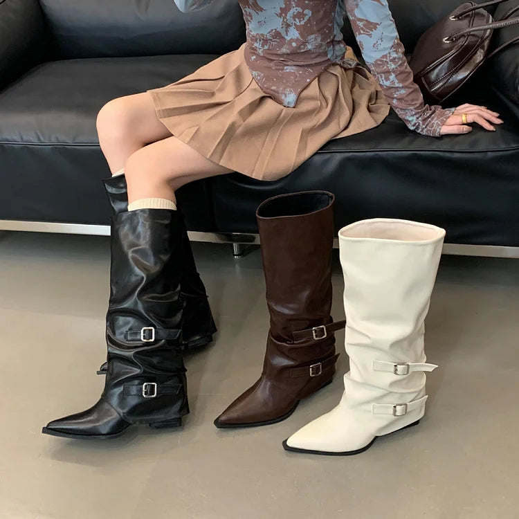 Women's Knee High Boots - Slouch - Double Buckle - Pointed Toe