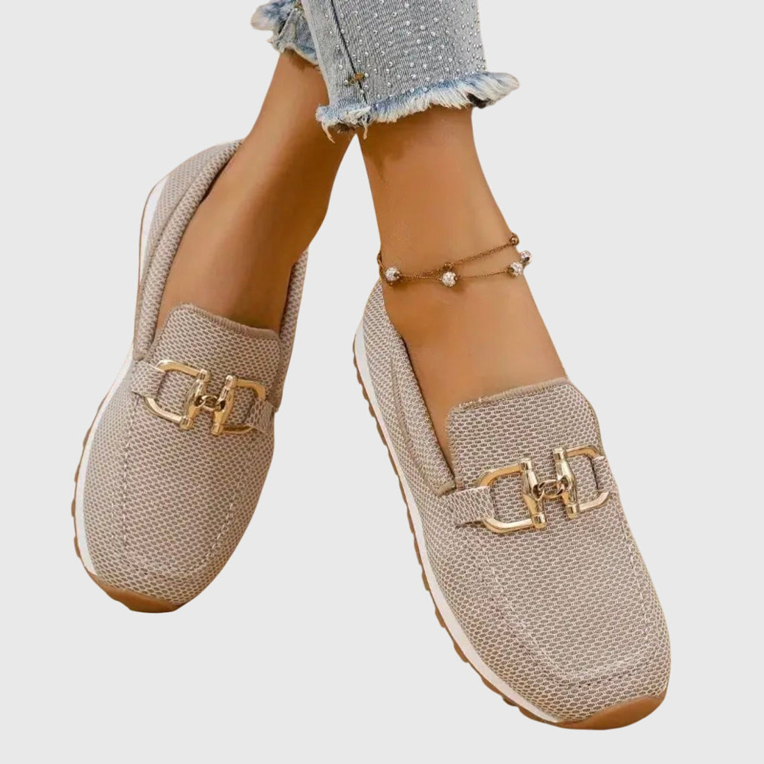 Women's Slip On Loafers - Mesh Upper - Gold Hardware Detail - Flat