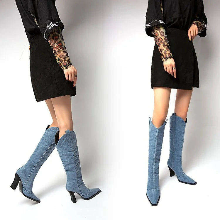 Women's Knee High Boots - Denim Upper - Block Heel - Pointed Toe