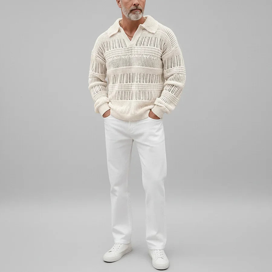 Men's Open Knit Polo Jumper - V-Neck Collar - Long Sleeve