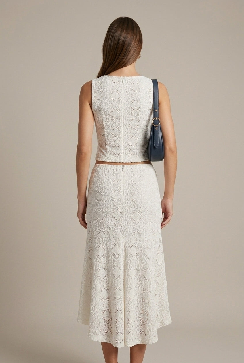 Women's Lace Two Piece Set - Sleeveless Crew Neck Tank Top Midi Skirt