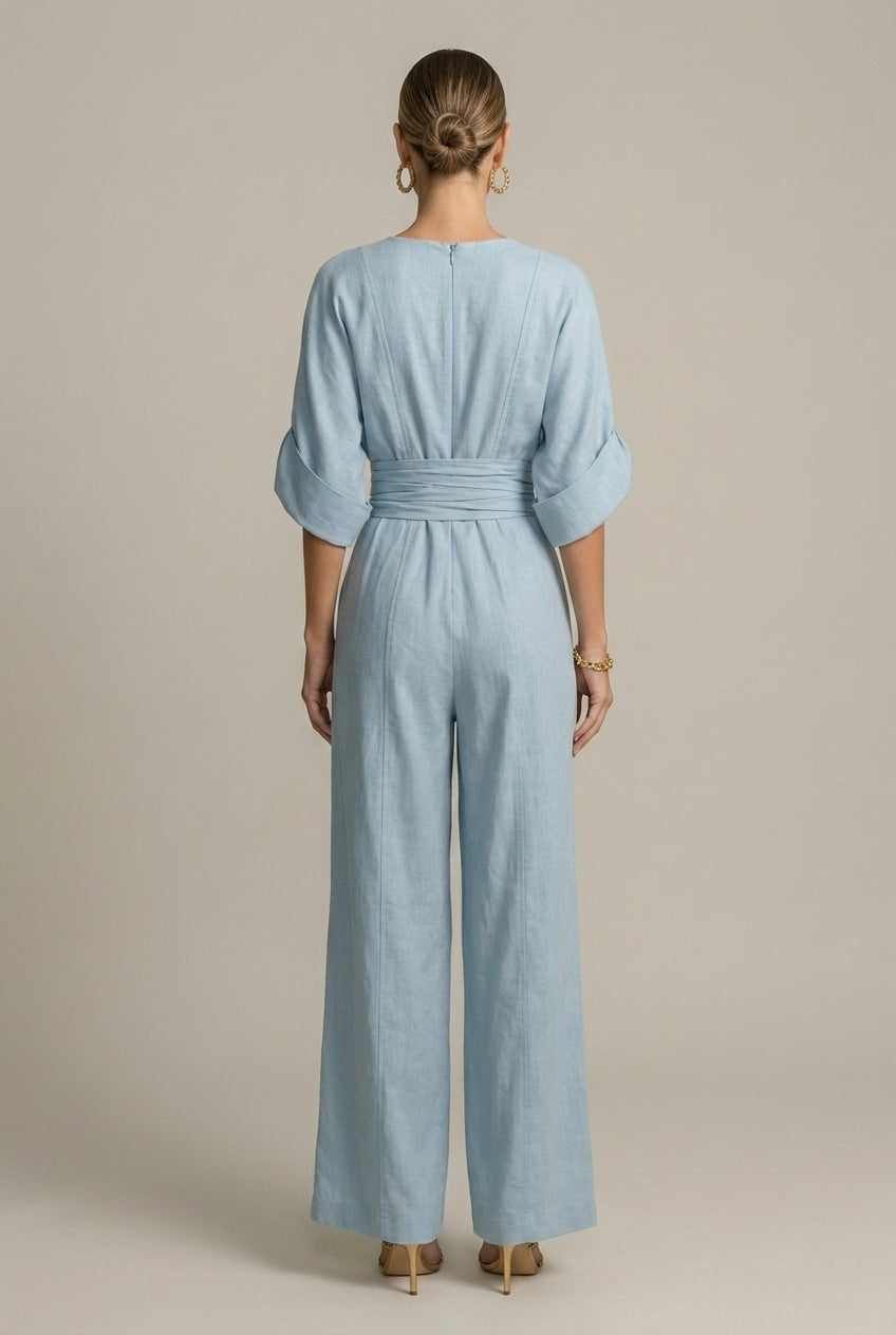 Women's V-Neck Waist Detail Long Sleeve Jumpsuit
