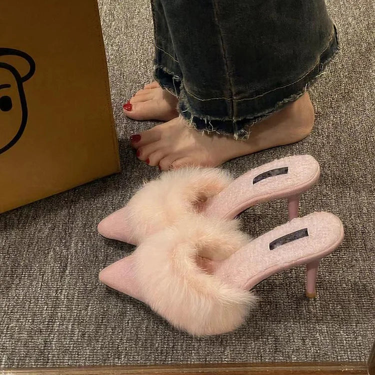 Women's Faux Fur Mule Heels - Pointed Toe - Stiletto - Slip On