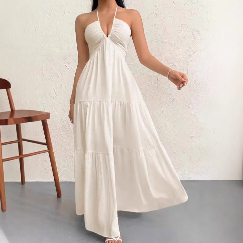 Women's Halter Neck Flowy Maxi Dress - Tiered Open Back