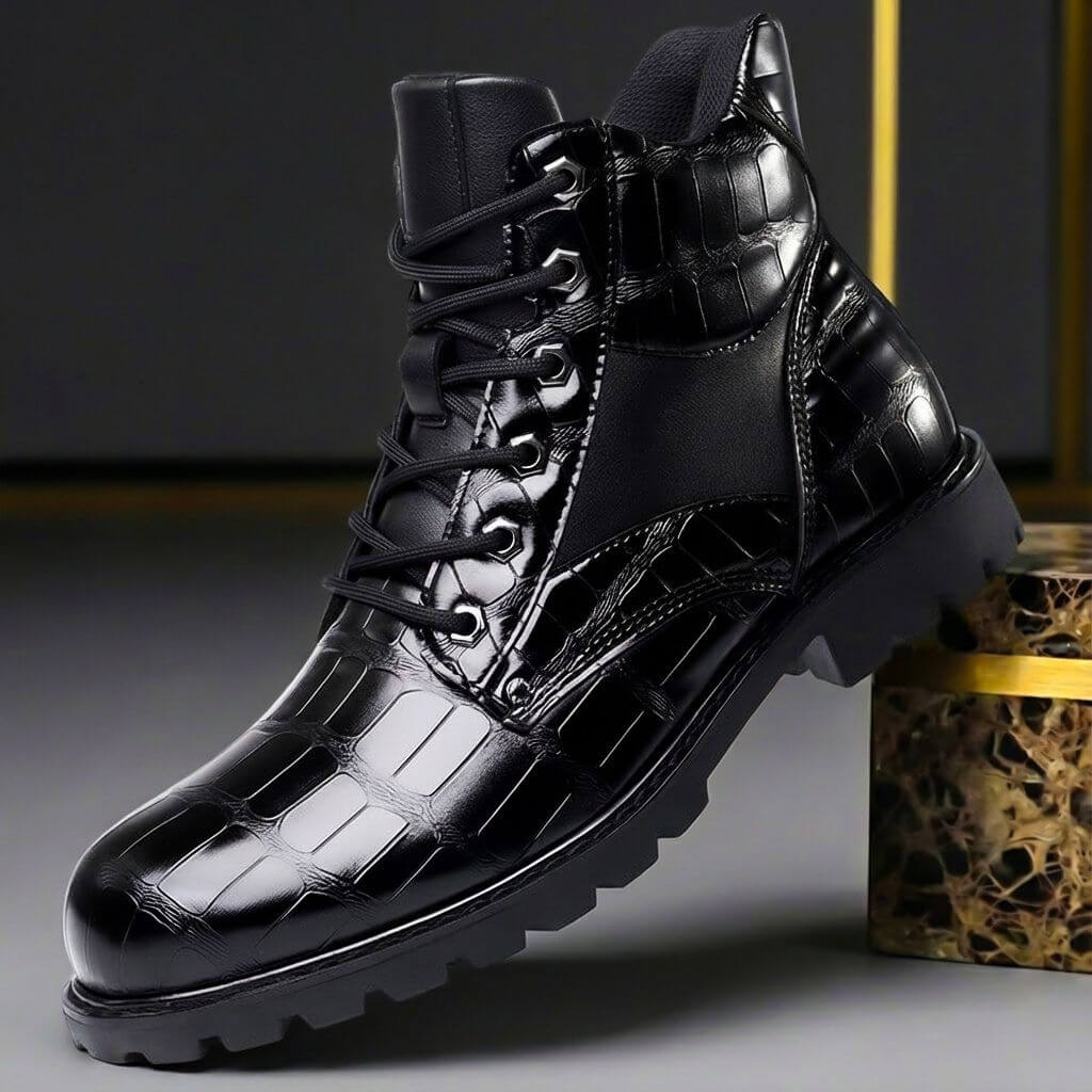 Men's Boots - Lace Up Ankle Boot with Croc Embossed Upper and Chunky Sole