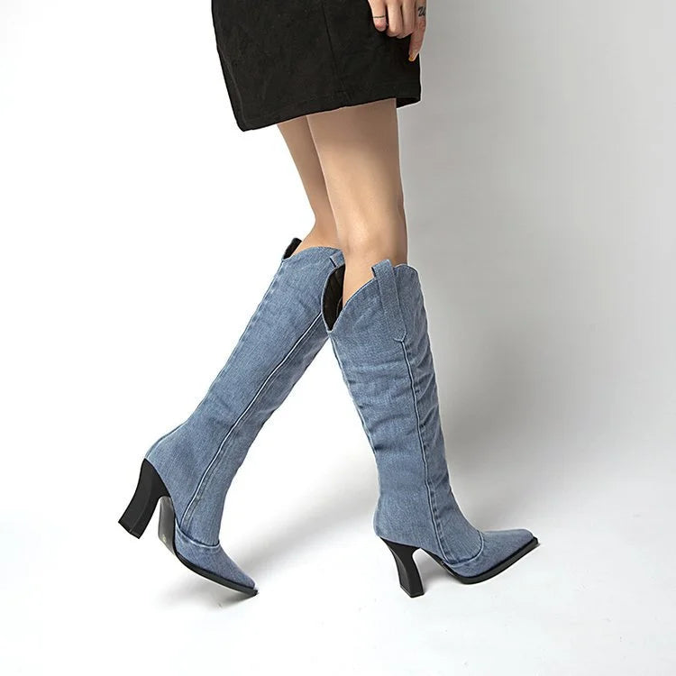 Women's Knee High Boots - Denim Upper - Block Heel - Pointed Toe