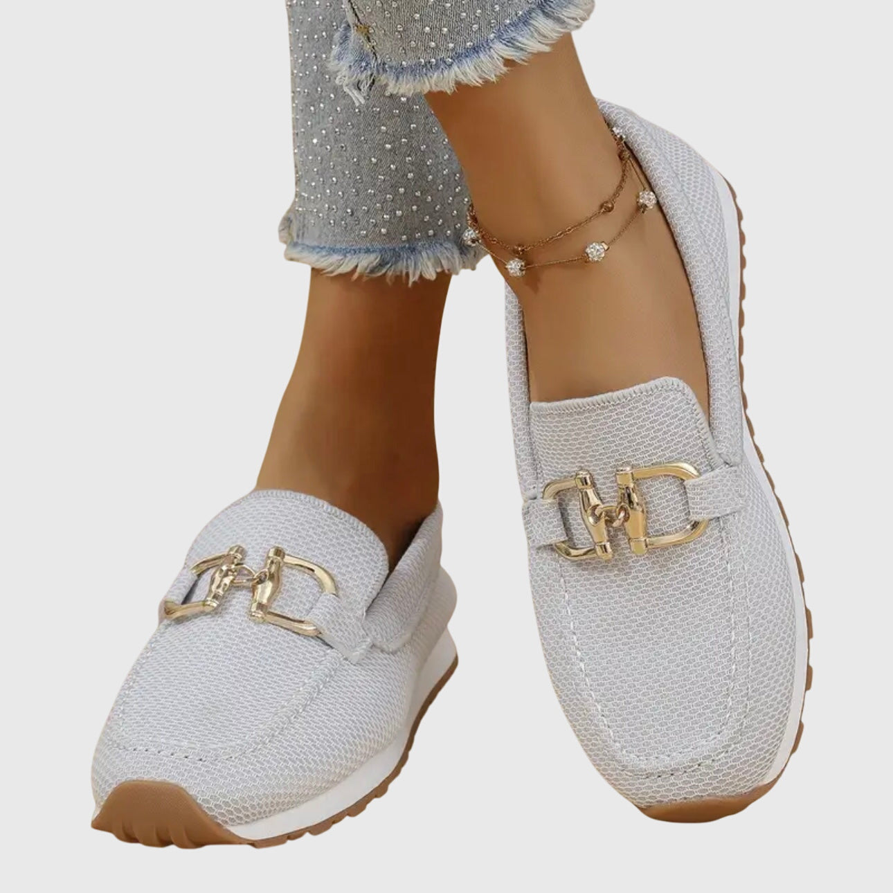 Women's Slip On Loafers - Mesh Upper - Gold Hardware Detail - Flat