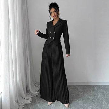 Women's Pant Suit Set - Double Breasted Blazer and Pleated Wide Leg Pants