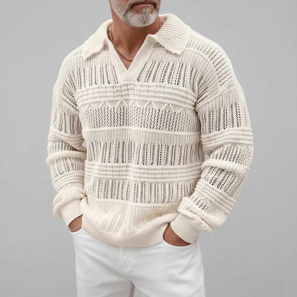 Men's Open Knit Polo Jumper - V-Neck Collar - Long Sleeve