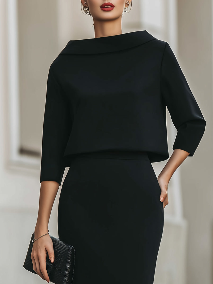 Women's Two Piece Skirt Set - Boat Neck Crop Top and Bodycon Midi Skirt - Three-Quarter Sleeves