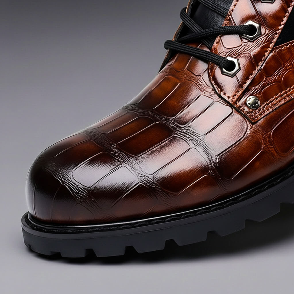 Men's Boots - Lace Up Ankle Boot with Croc Embossed Upper and Chunky Sole