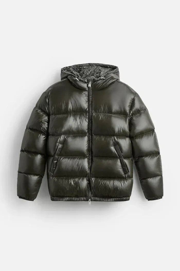 Men's Hooded Puffer Jacket with Glossy Shell - Full Zip - Cropped - Winter Style