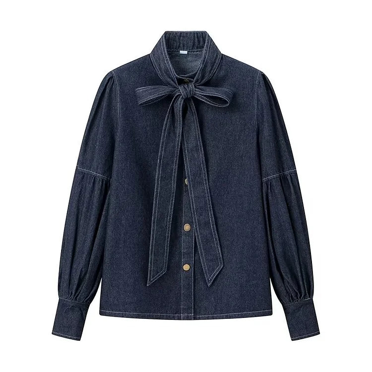 Women's Denim Blouse - Bow Tie Neck - Puff Sleeve - Button Up
