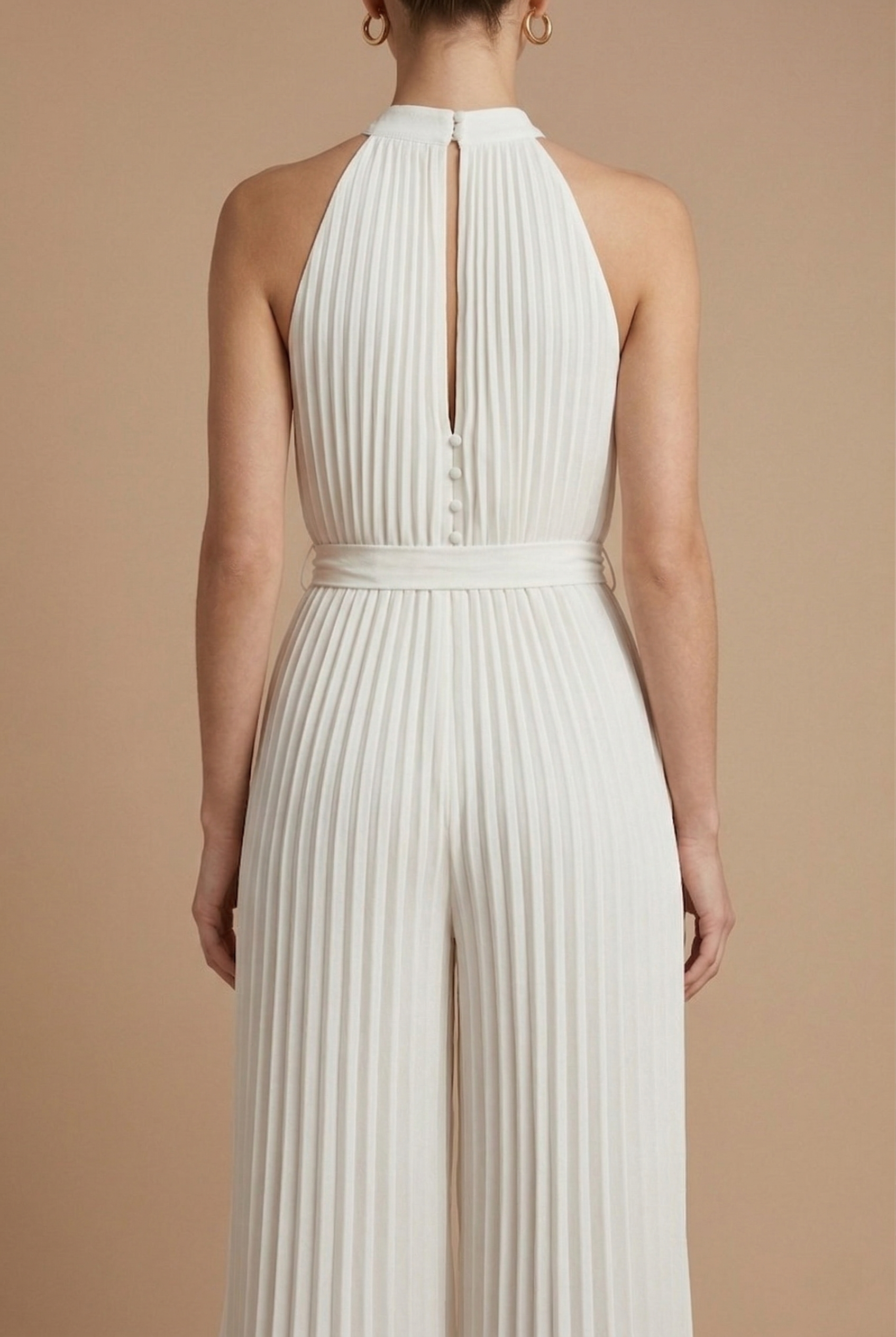 Women's Jumpsuit - Wide Leg Halter Neck Pleated Sleeveless with Tie Waist