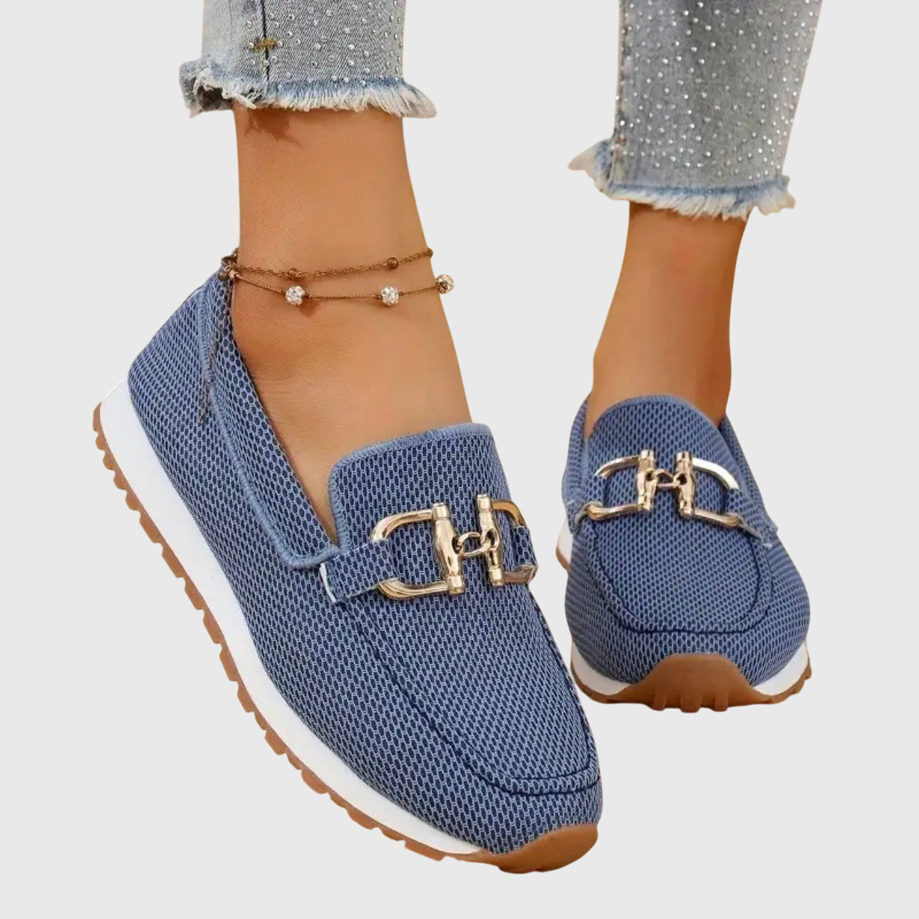 Women's Slip On Loafers - Mesh Upper - Gold Hardware Detail - Flat