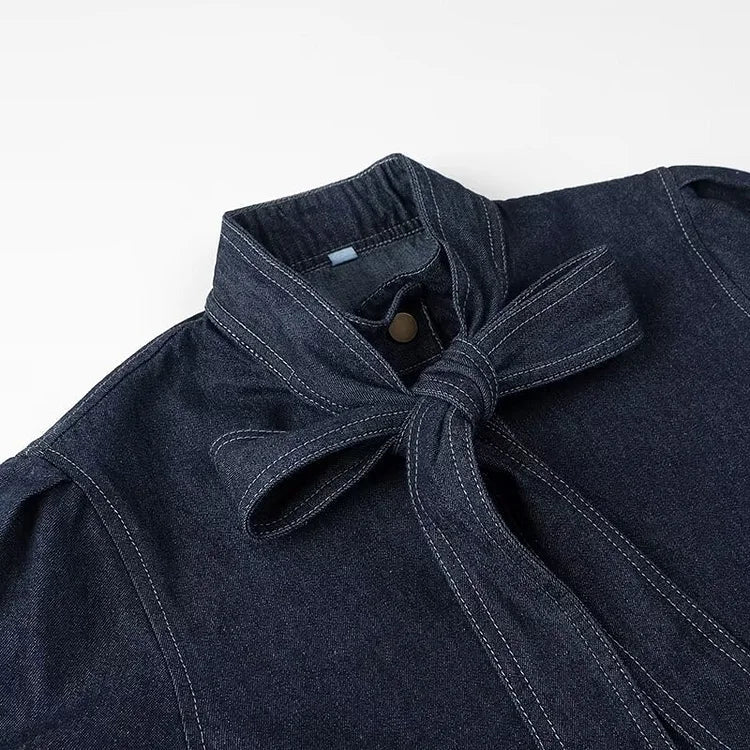 Women's Denim Blouse - Bow Tie Neck - Puff Sleeve - Button Up