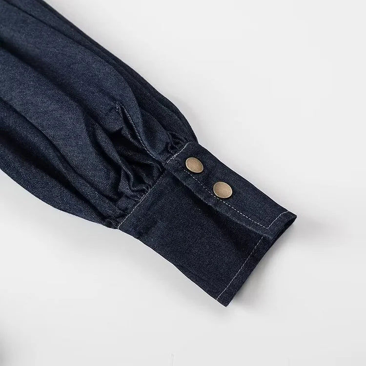 Women's Denim Blouse - Bow Tie Neck - Puff Sleeve - Button Up