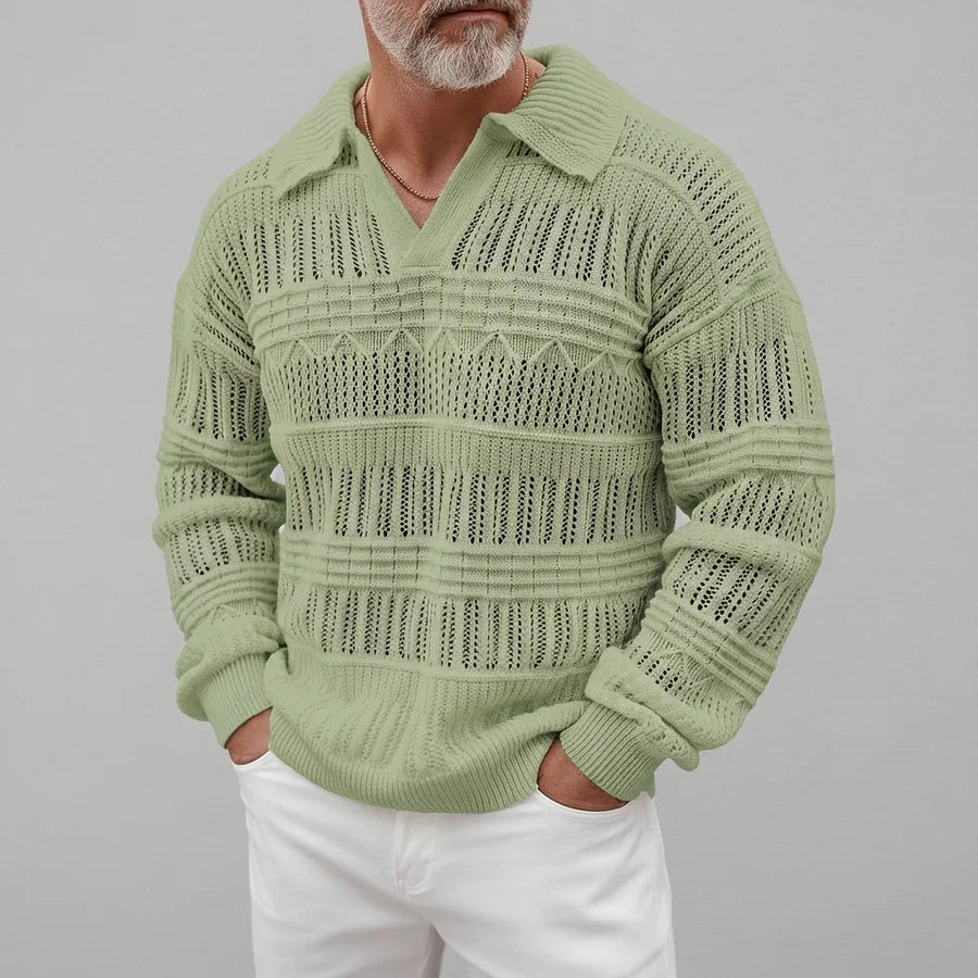 Men's Open Knit Polo Jumper - V-Neck Collar - Long Sleeve