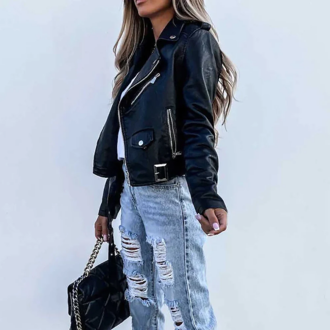 Women's Biker Jacket - Asymmetric Zip - Notched Lapel - Belted Waist - Stud Button Detail