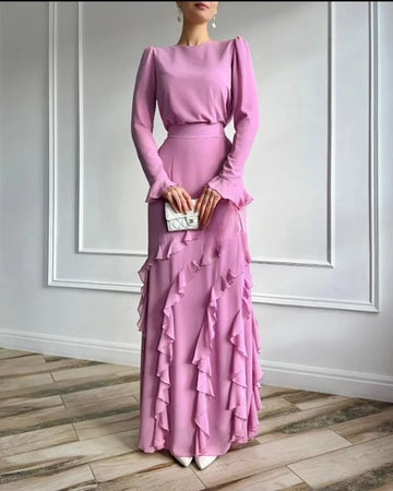 Women's Formal Maxi Dress - Ruffle Hem - Long Sleeve - Crew Neck