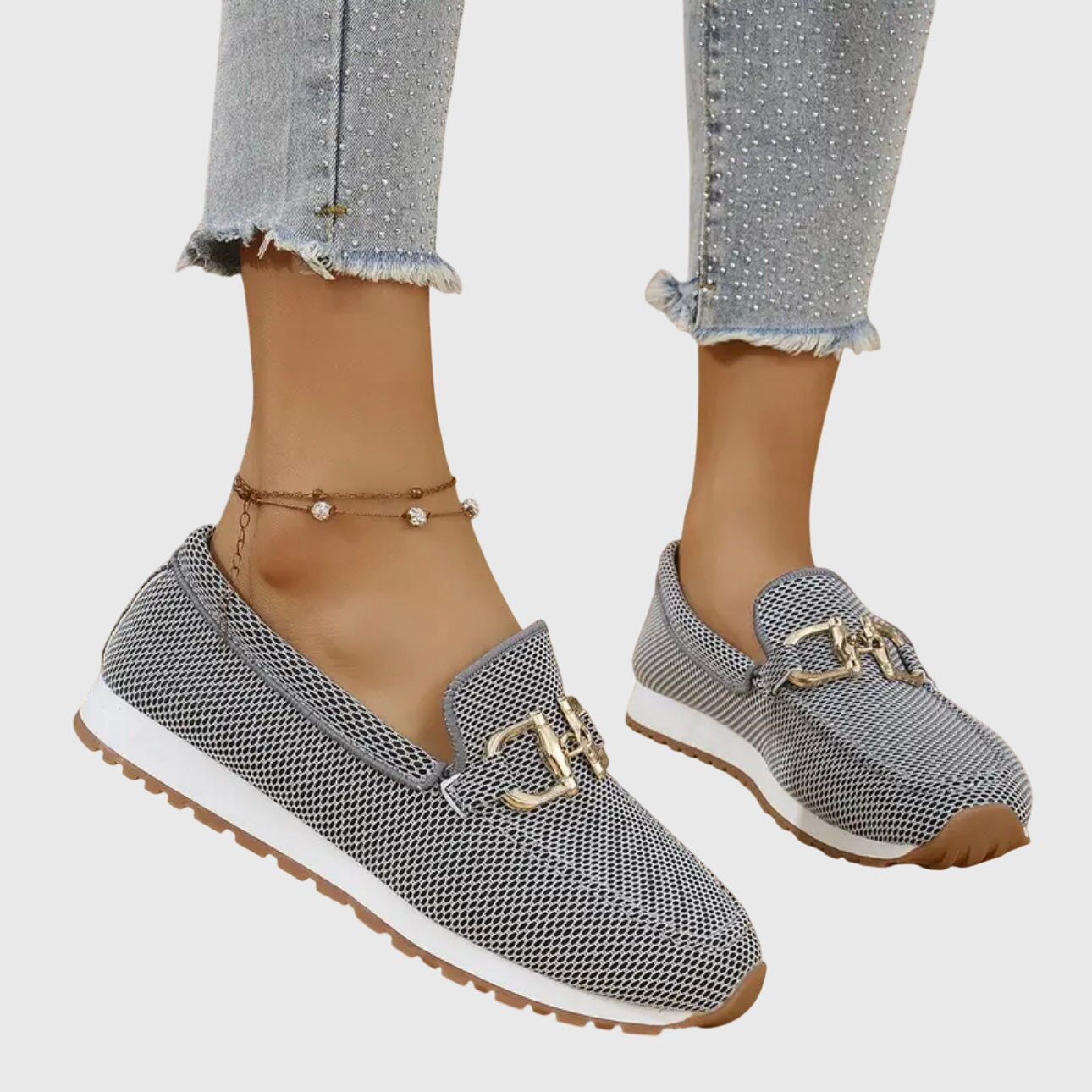 Women's Slip On Loafers - Mesh Upper - Gold Hardware Detail - Flat